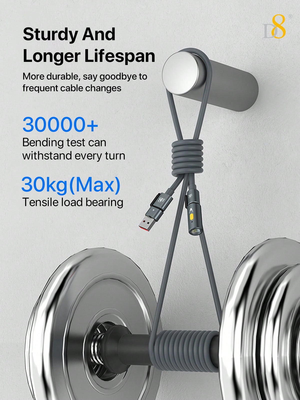 D8 240W 3-in-1 Portable Charging Cable with LED Night Lamp – USB-C for MacBook, iPhone, and More