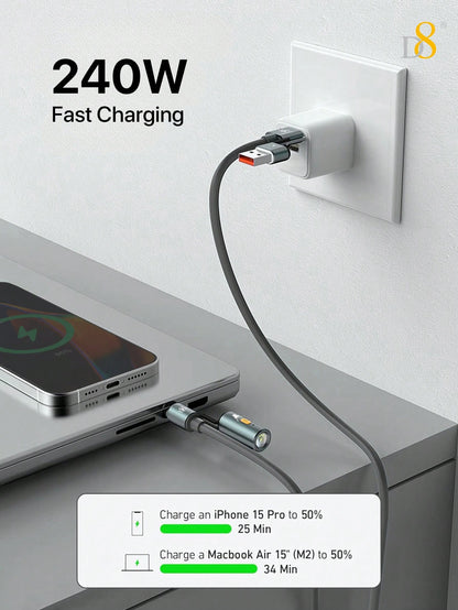 D8 240W 3-in-1 Portable Charging Cable with LED Night Lamp – USB-C for MacBook, iPhone, and More