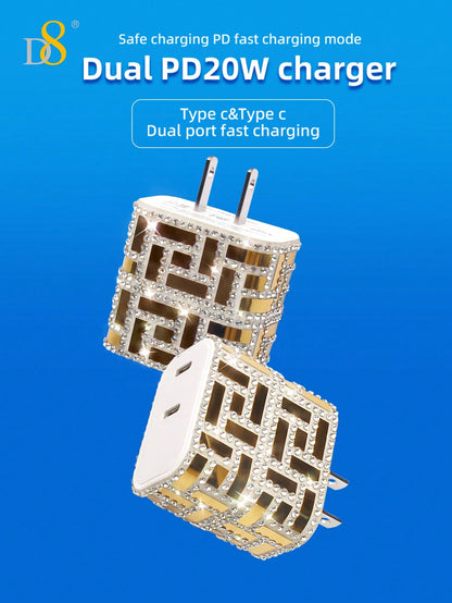 D8 PD20W Crystal USB-C Wall Charger – Dual Port Fast Charging for iPhone 16/15