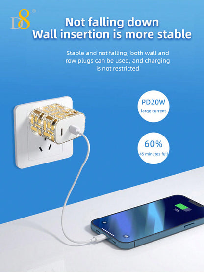 D8 PD20W Crystal USB-C Wall Charger – Dual Port Fast Charging for iPhone 16/15