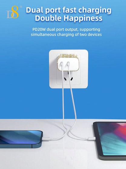 D8 PD20W Crystal USB-C Wall Charger – Dual Port Fast Charging for iPhone 16/15