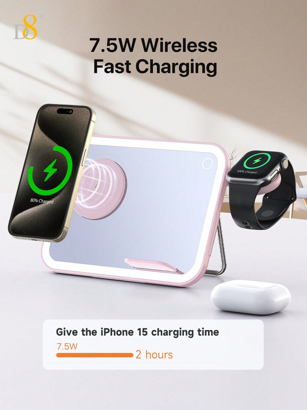 D8 3-in-1 Wireless Charging Station – 7.5W Fast Charger, LED Light, Cosmetic Mirror, Night Light