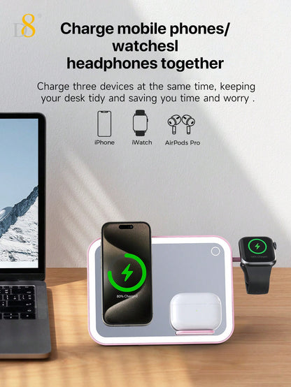 D8 3-in-1 Wireless Charging Station – 7.5W Fast Charger, LED Light, Cosmetic Mirror, Night Light