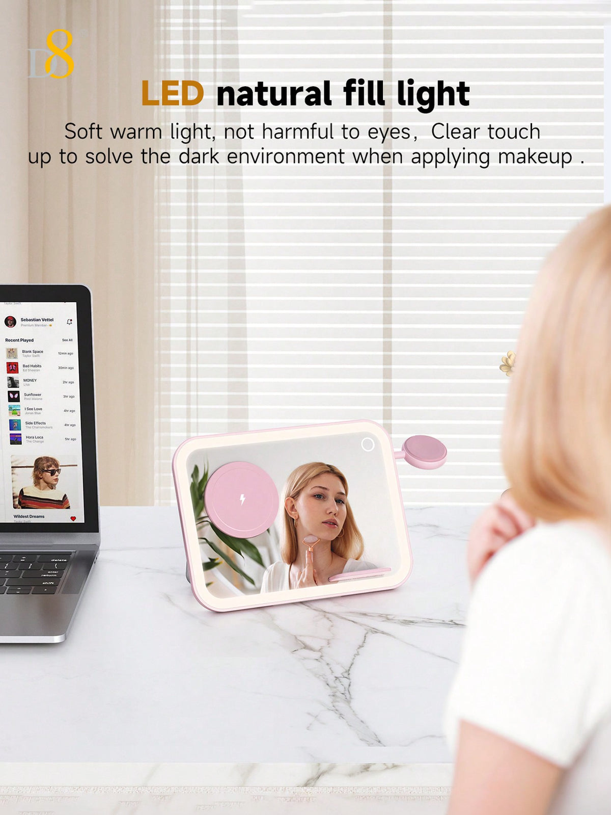 D8 3-in-1 Wireless Charging Station – 7.5W Fast Charger, LED Light, Cosmetic Mirror, Night Light