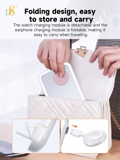 D8 3-in-1 Wireless Charging Station – 7.5W Fast Charger, LED Light, Cosmetic Mirror, Night Light