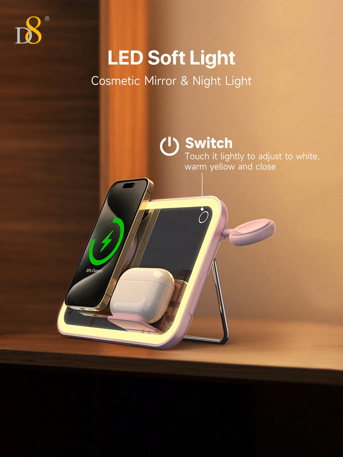 D8 3-in-1 Wireless Charging Station – 7.5W Fast Charger, LED Light, Cosmetic Mirror, Night Light