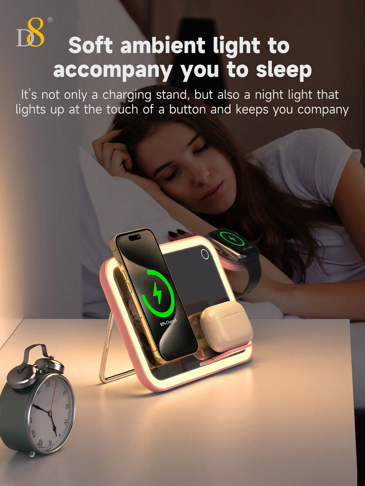 D8 3-in-1 Wireless Charging Station – 7.5W Fast Charger, LED Light, Cosmetic Mirror, Night Light