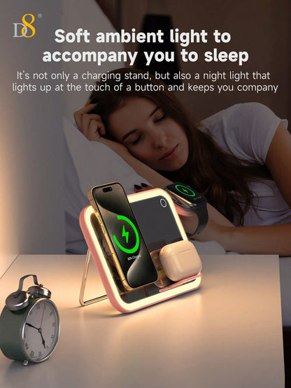 D8 3-in-1 Wireless Charging Station – 7.5W Fast Charger, LED Light, Cosmetic Mirror, Night Light