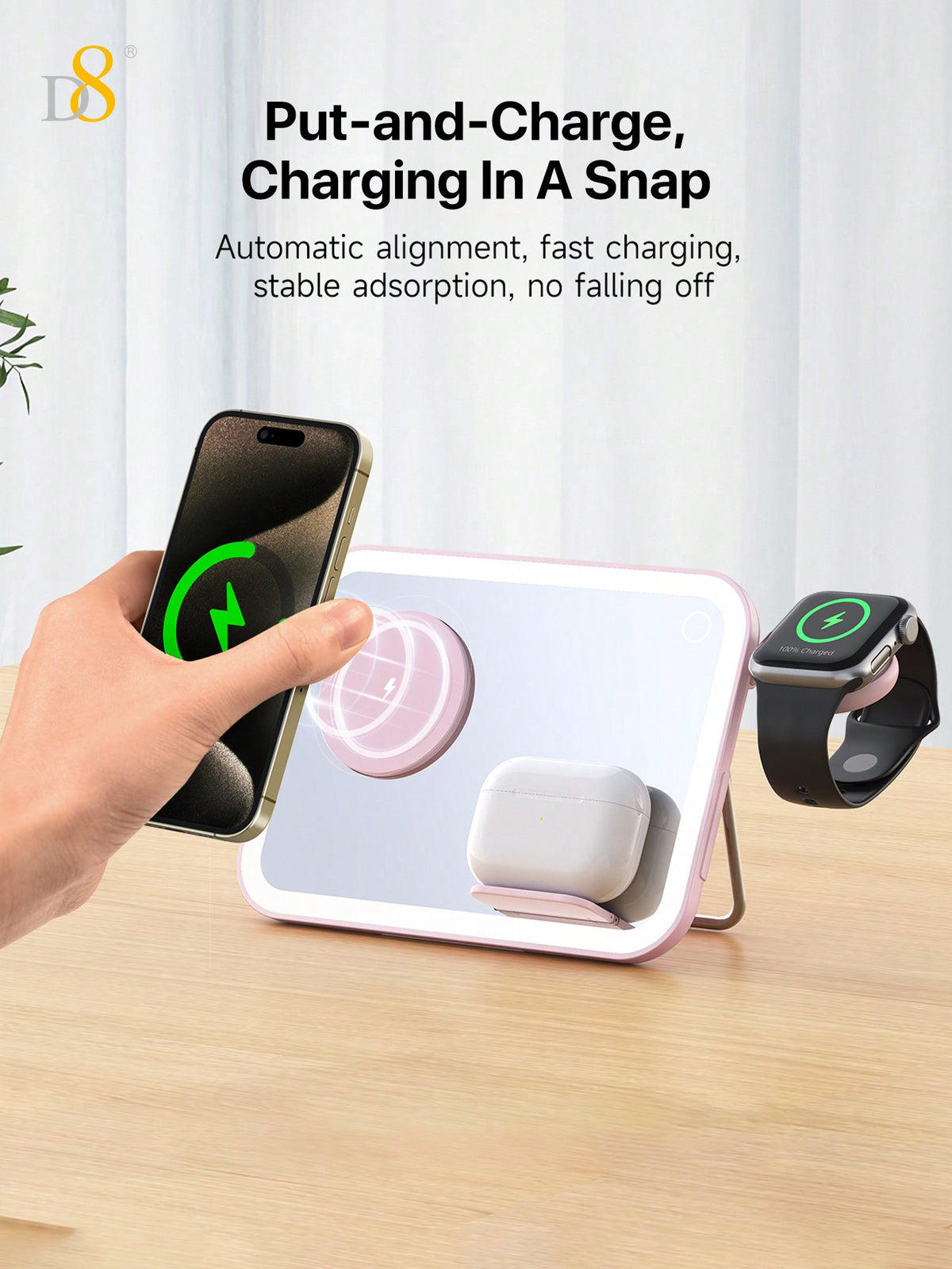 D8 3-in-1 Wireless Charging Station – 7.5W Fast Charger, LED Light, Cosmetic Mirror, Night Light