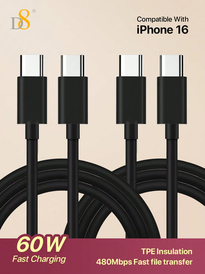 D8 USB-C to USB-C Cable – 2-Pack, 60W Fast Charging, 3.3ft Nylon Braided