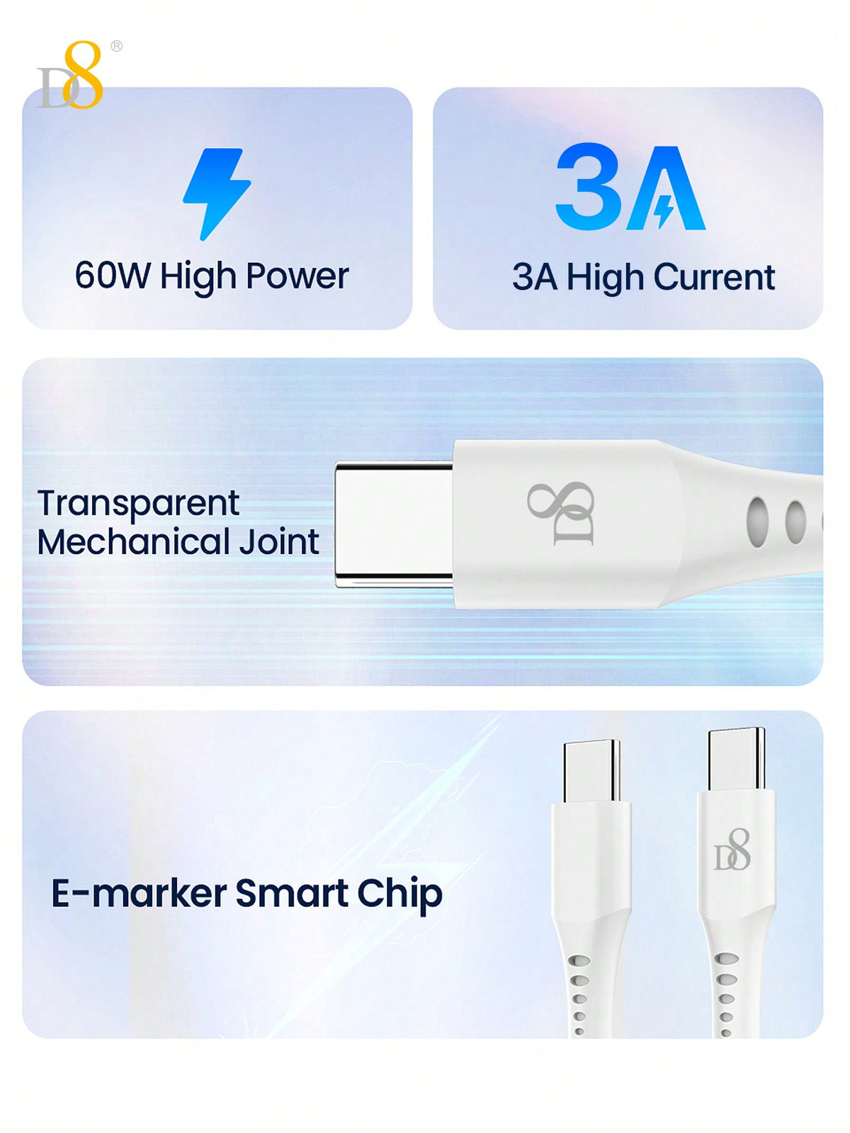 D8 USB-C Keychain USB Data Cable – 1.2M, 60W/3A Fast Charging