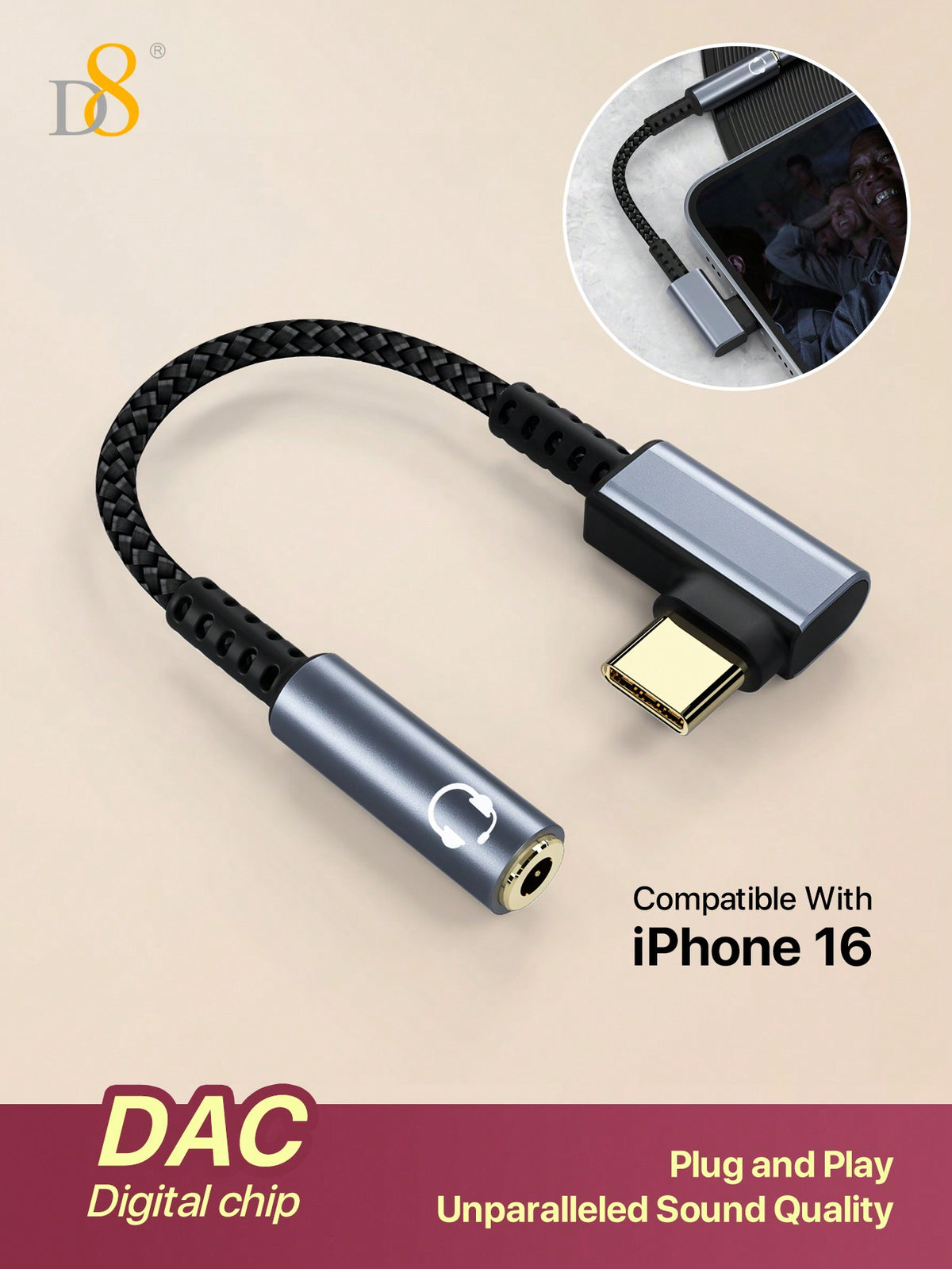 D8 USB-C to 3.5mm DAC Headphone Adapter