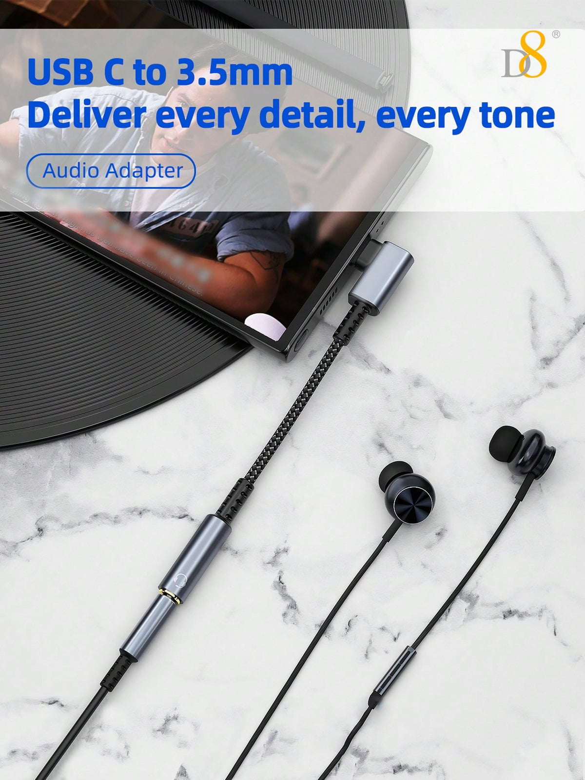 D8 USB-C to 3.5mm Headphone Adapter – Aux Audio Dongle for Smartphones & Tablets