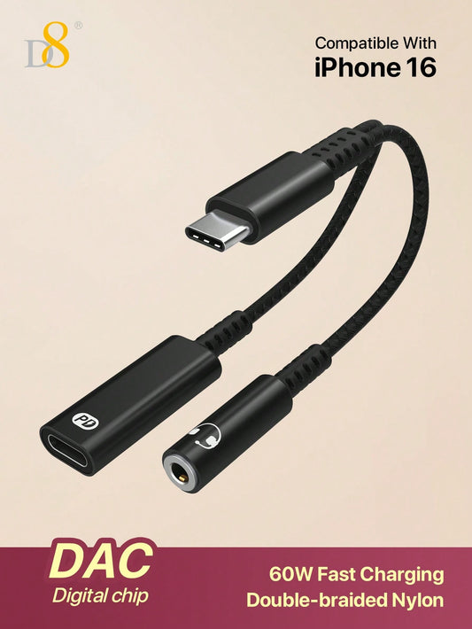 D8 USB-C to 3.5mm Headphone + Charger Adapter – 2-in-1 Dongle with 60W Fast Charging
