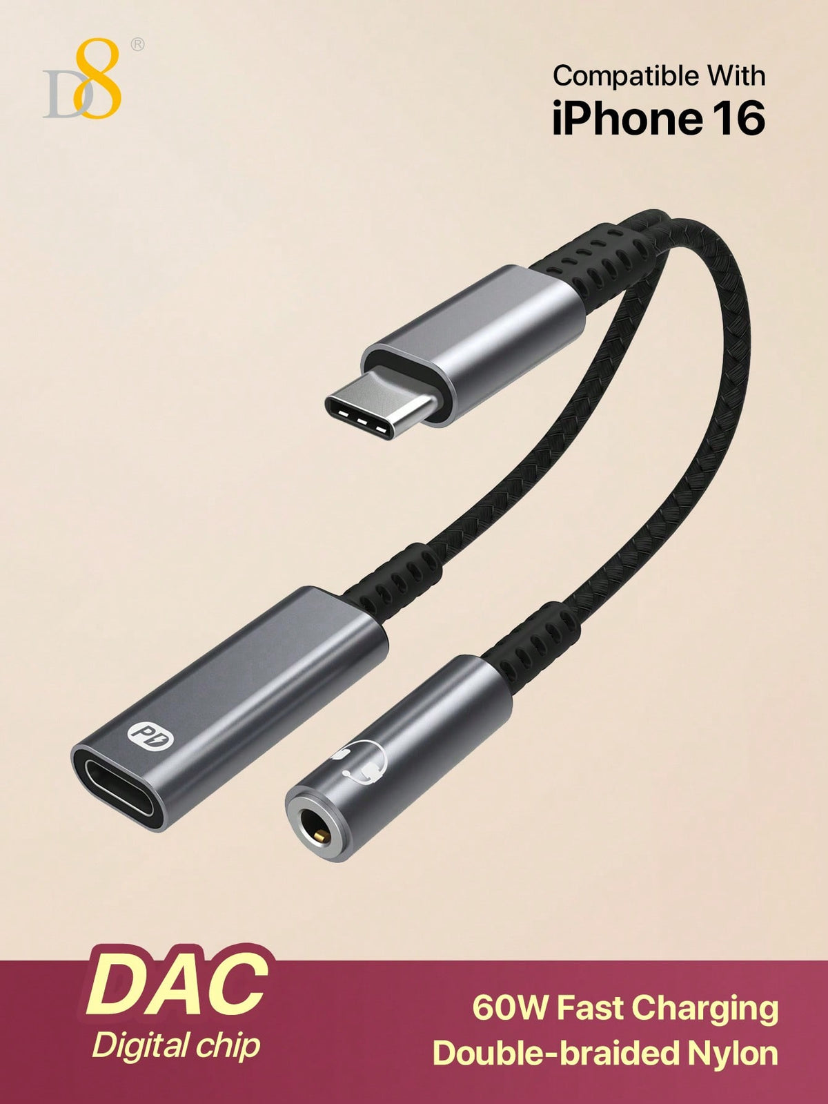 D8 USB-C to 3.5mm Headphone + Charger Adapter – 2-in-1 Dongle with 60W Fast Charging
