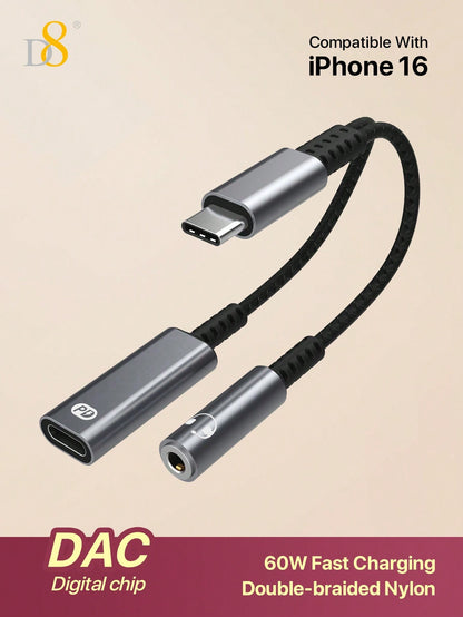 D8 USB-C to 3.5mm Headphone + Charger Adapter – 2-in-1 Dongle with 60W Fast Charging