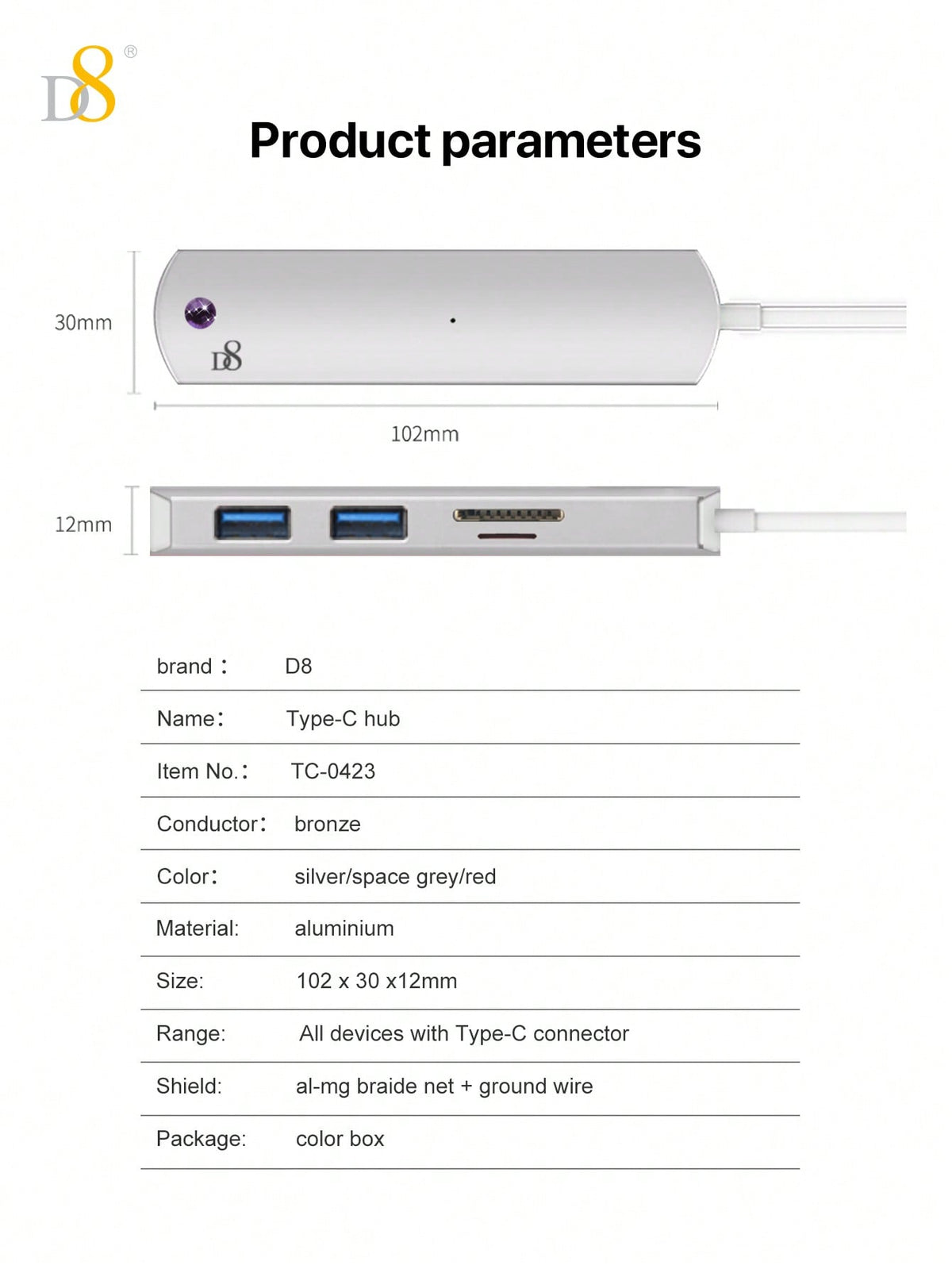D8 4-in-1 USB-C Hub – HDMI, USB-A, USB-C, SD Card Reader