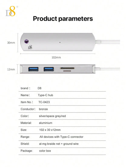 D8 4-in-1 USB-C Hub – HDMI, USB-A, USB-C, SD Card Reader