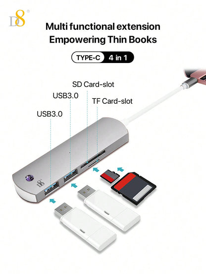 D8 4-in-1 USB-C Hub – HDMI, USB-A, USB-C, SD Card Reader