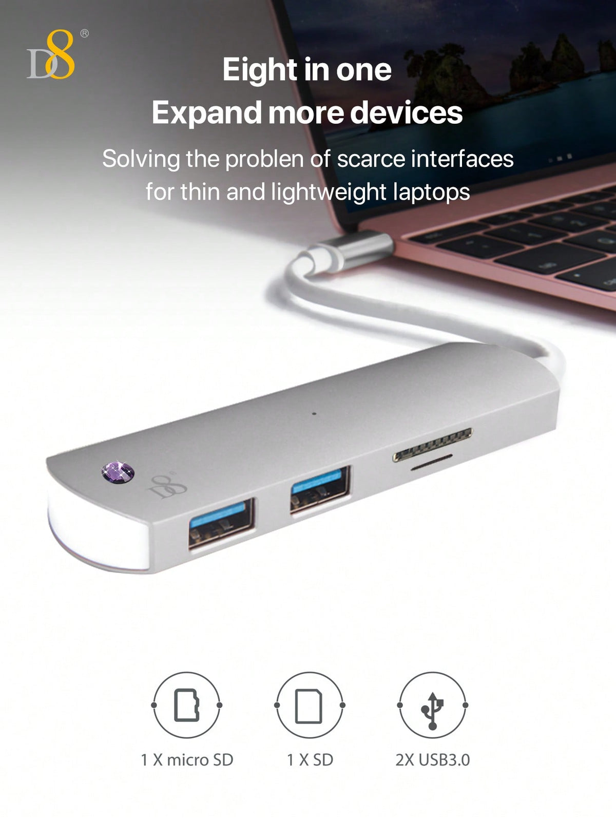 D8 4-in-1 USB-C Hub – HDMI, USB-A, USB-C, SD Card Reader