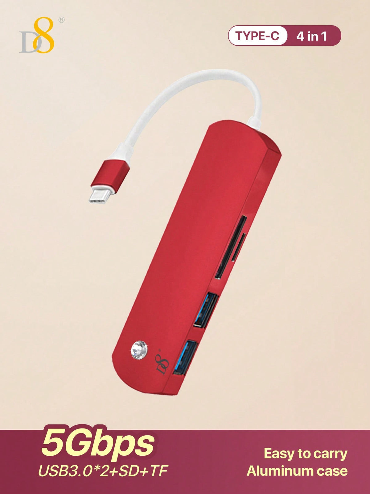 D8 4-in-1 USB-C Hub – HDMI, USB-A, USB-C, SD Card Reader