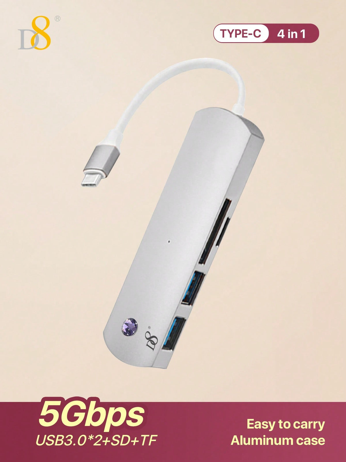 D8 4-in-1 USB-C Hub – HDMI, USB-A, USB-C, SD Card Reader