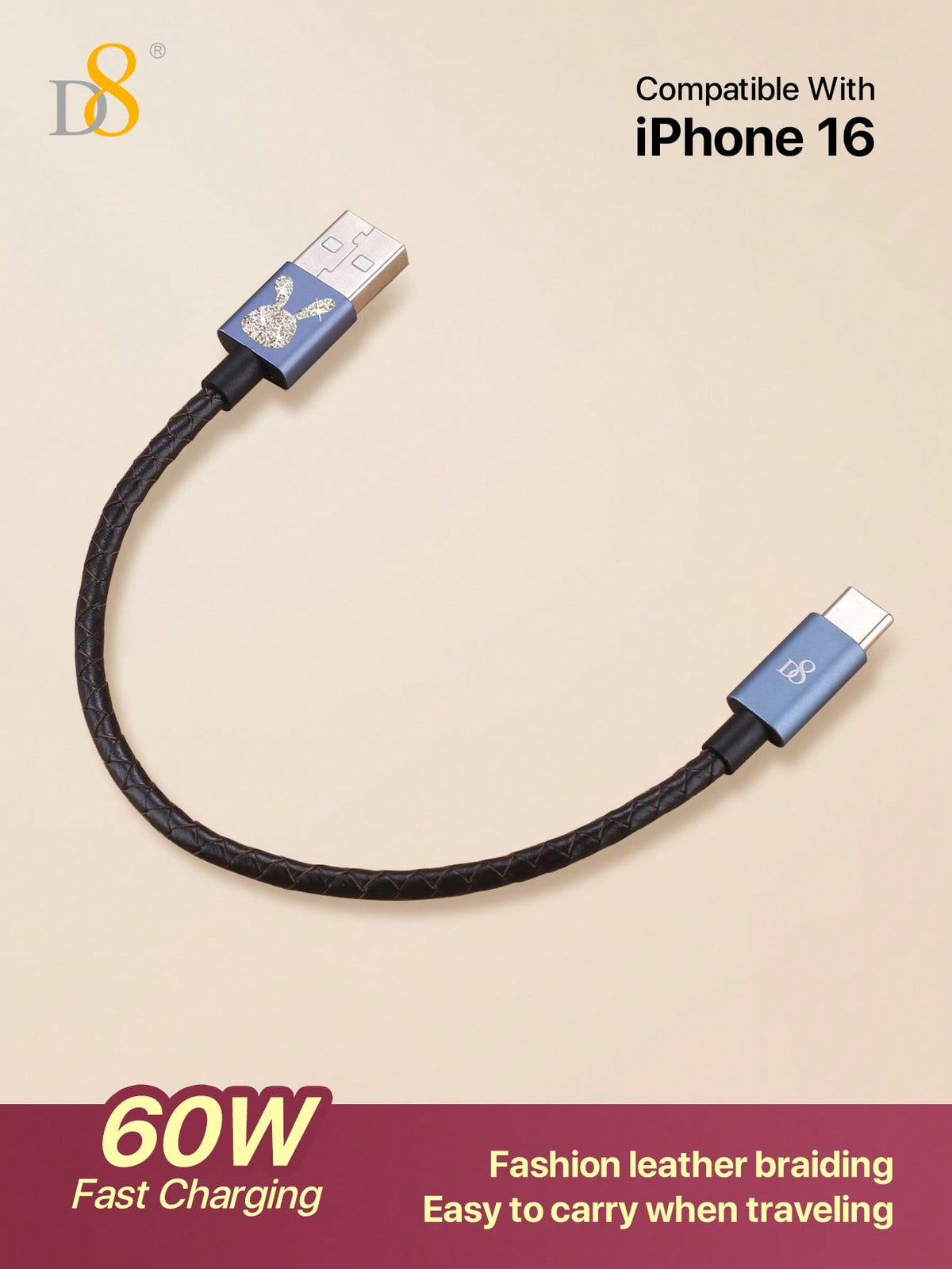 D8 Leather USB-C Charging Cable – 60W Fast Charge, 0.2m Short USB-A to Type-C