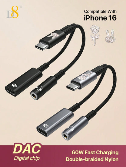 D8 USB-C to 3.5mm Headphone & Charger Adapter – 60W PD Audio Dongle