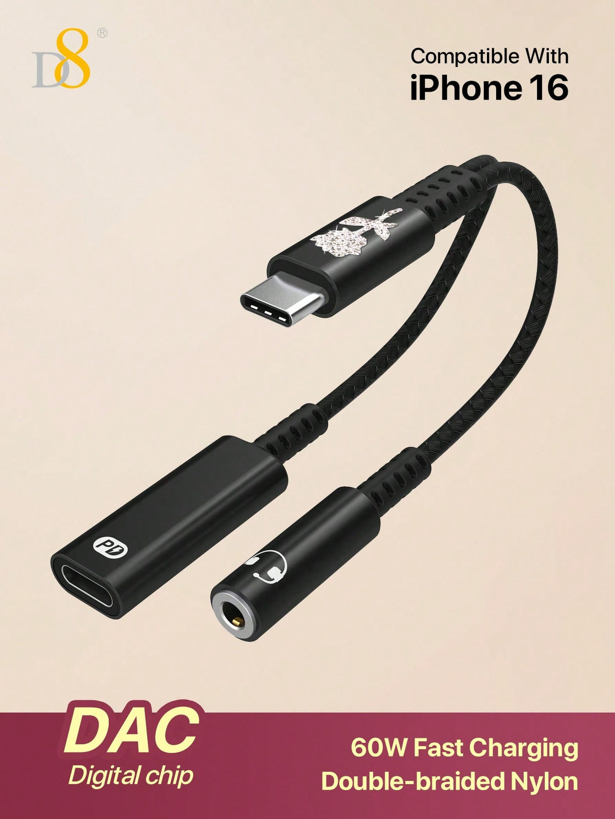 D8 USB-C to 3.5mm Headphone & Charger Adapter – 60W PD Audio Dongle