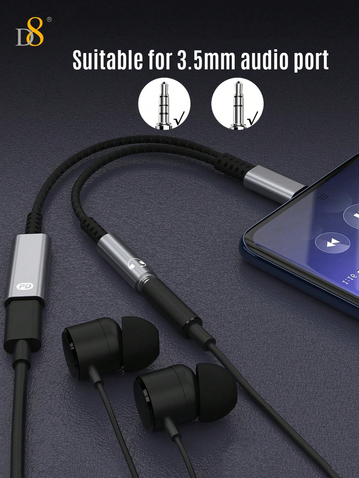 D8 USB-C to 3.5mm Headphone & Charger Adapter – 60W PD Audio Dongle