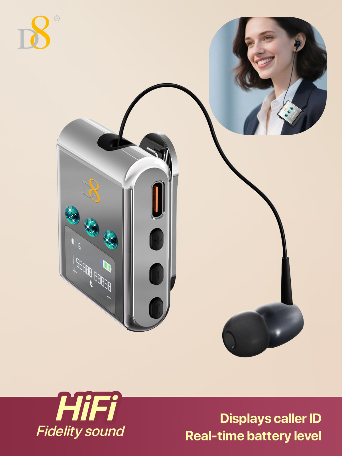 D8 Retractable Wireless Headset – 20H Talk Time, Noise-Canceling Mic, Clip-On for Driving & Workouts