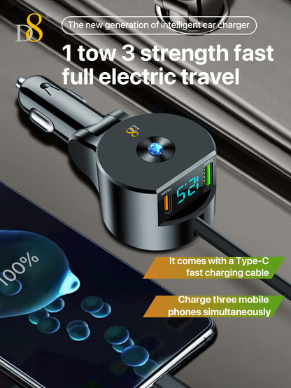 D8 3-in-1 Retractable Car Charger – 30W PD & QC3.0 Fast Charging for iPhone, Samsung, iPad