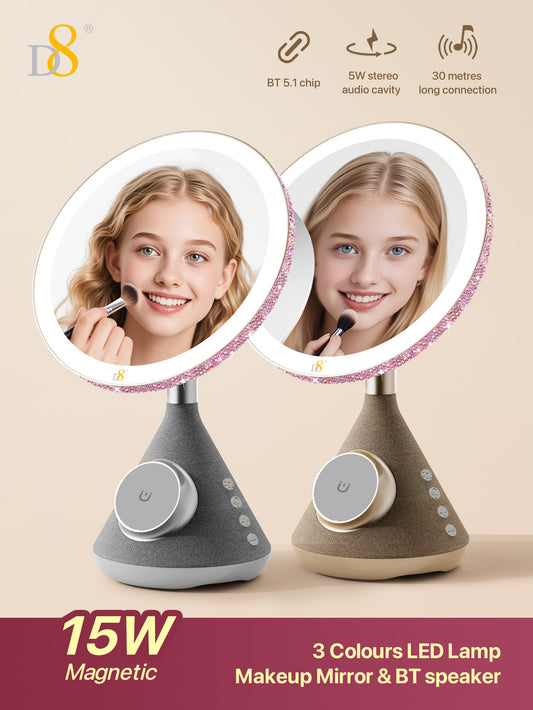 D8 Magnetic Vanity Mirror – 15W Wireless Charger, LED Light, Bluetooth Speaker for iPhone