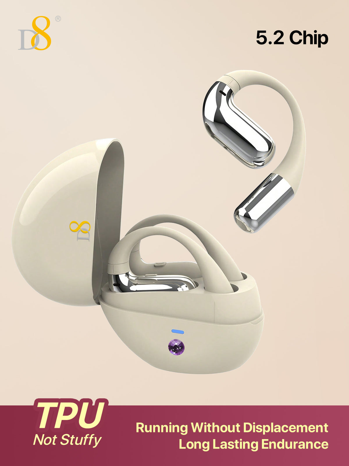 D8 Open-Ear Wireless Earbuds – Bass Boost, 7H Battery, IPX5 Waterproof, Gaming Ready