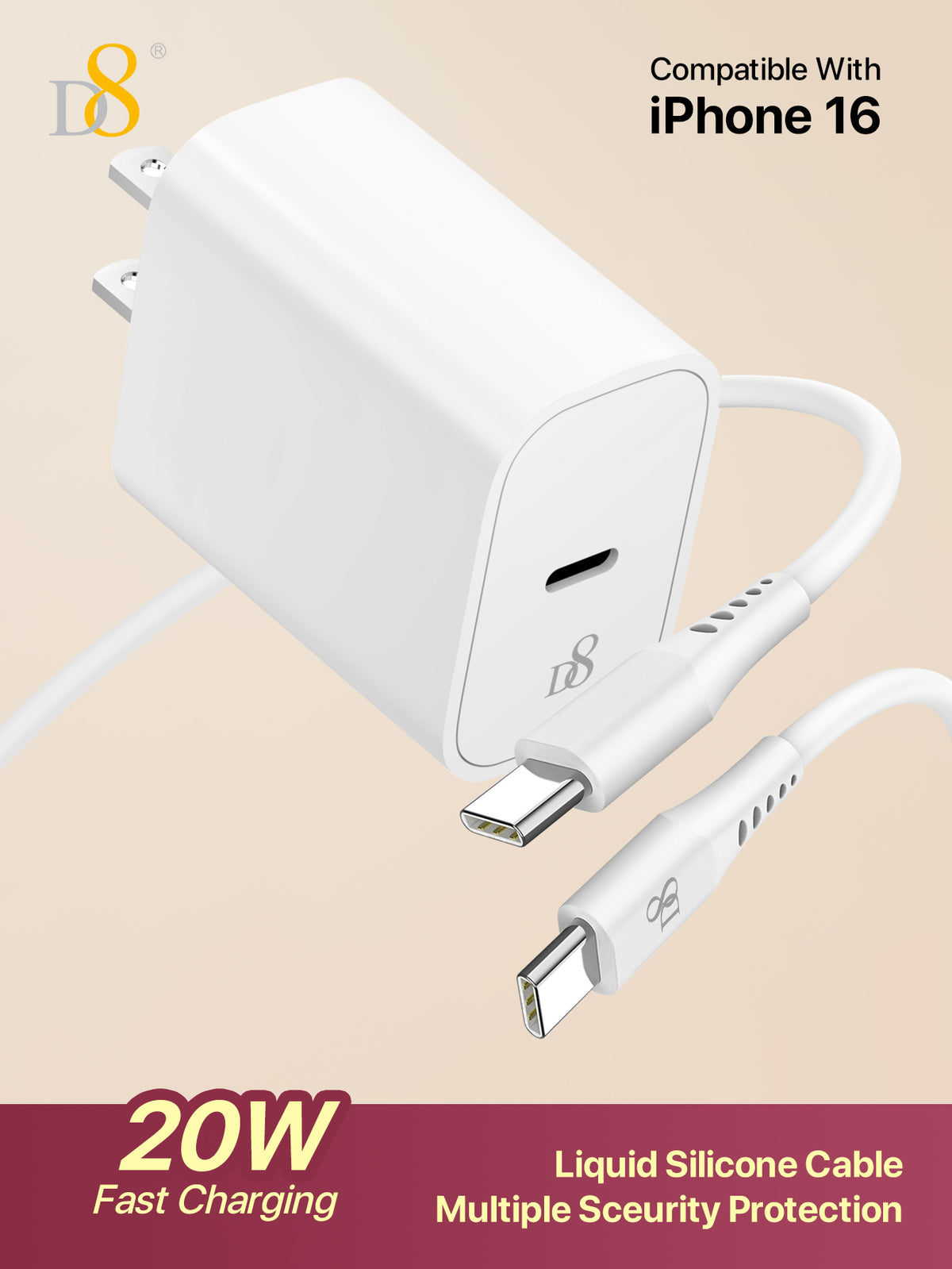 D8 20W USB-C Fast Charger – PD Wall Adapter with USB-C to USB-C Cable for iPhone, iPad, Galaxy