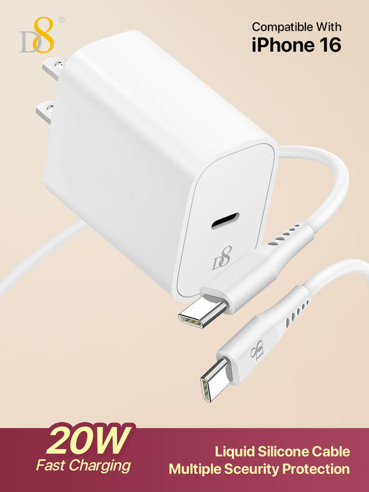 D8 20W USB-C Fast Charger – PD Wall Adapter with USB-C to USB-C Cable for iPhone, iPad, Galaxy