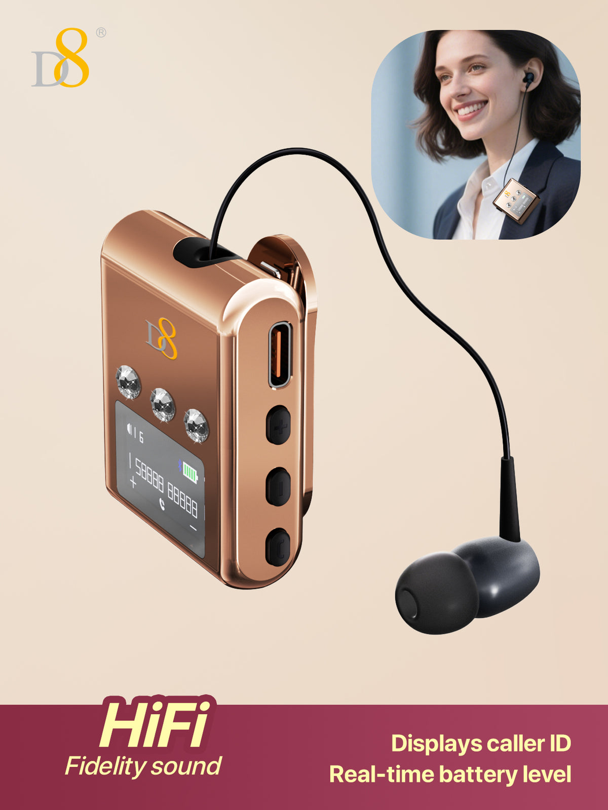 D8 Retractable Wireless Headset – 20H Talk Time, Noise-Canceling Mic, Clip-On for Driving & Workouts