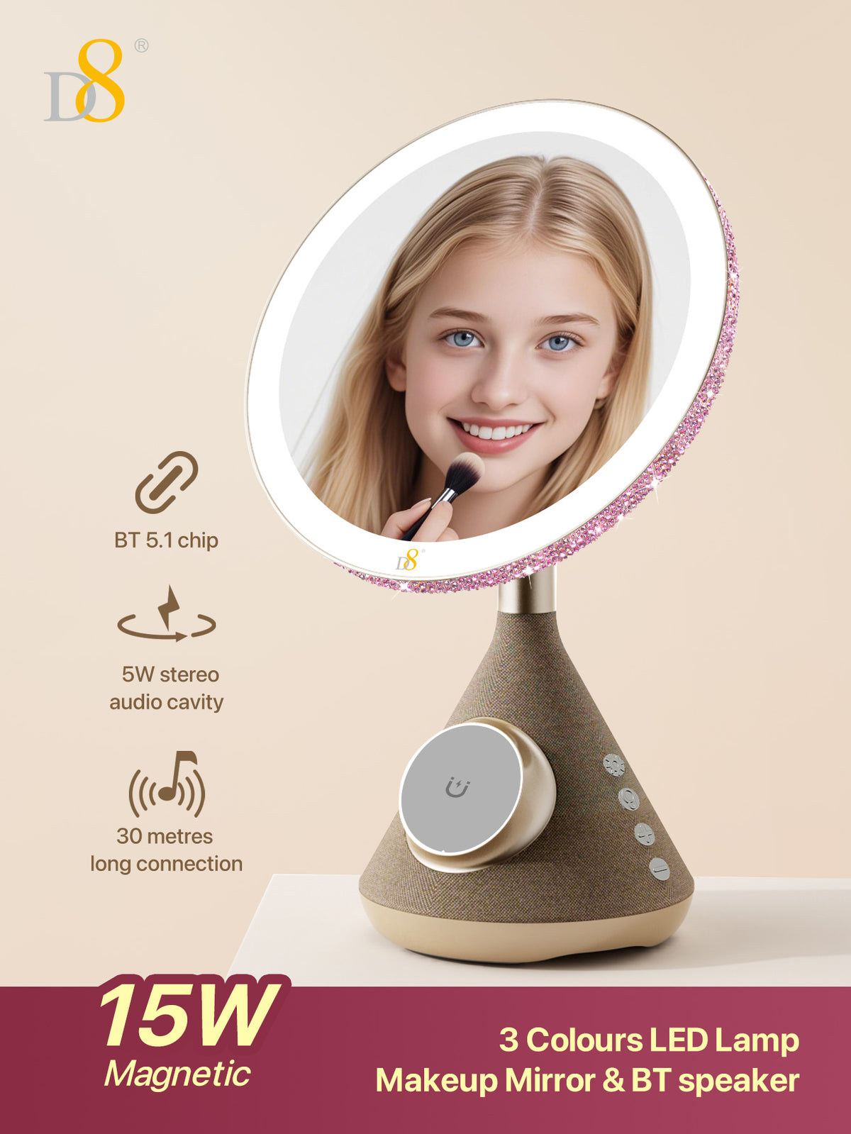 D8 Magnetic Vanity Mirror – 15W Wireless Charger, LED Light, Bluetooth Speaker for iPhone