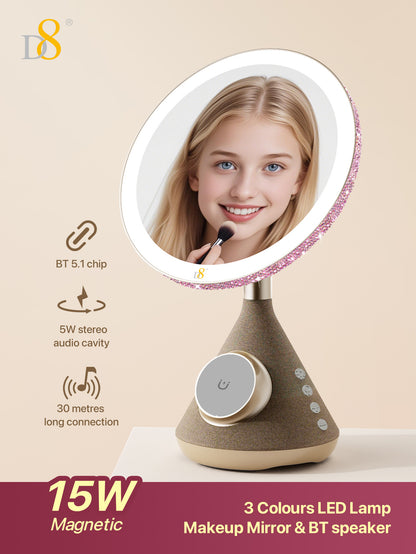 D8 Magnetic Vanity Mirror – 15W Wireless Charger, LED Light, Bluetooth Speaker for iPhone