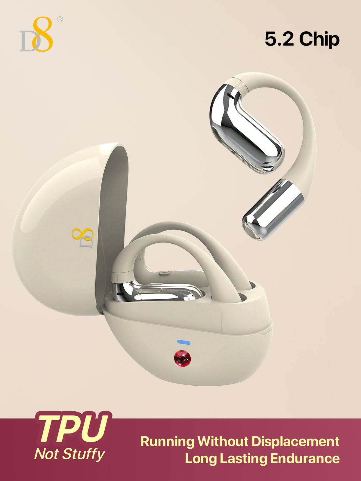 D8 Open-Ear Wireless Earbuds – Bass Boost, 7H Battery, IPX5 Waterproof, Gaming Ready