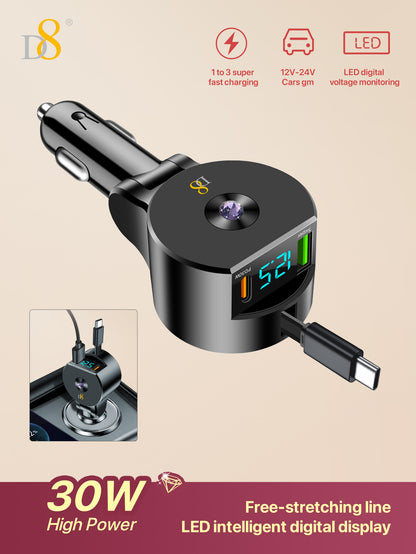 D8 3-in-1 Retractable Car Charger – 30W PD & QC3.0 Fast Charging for iPhone, Samsung, iPad