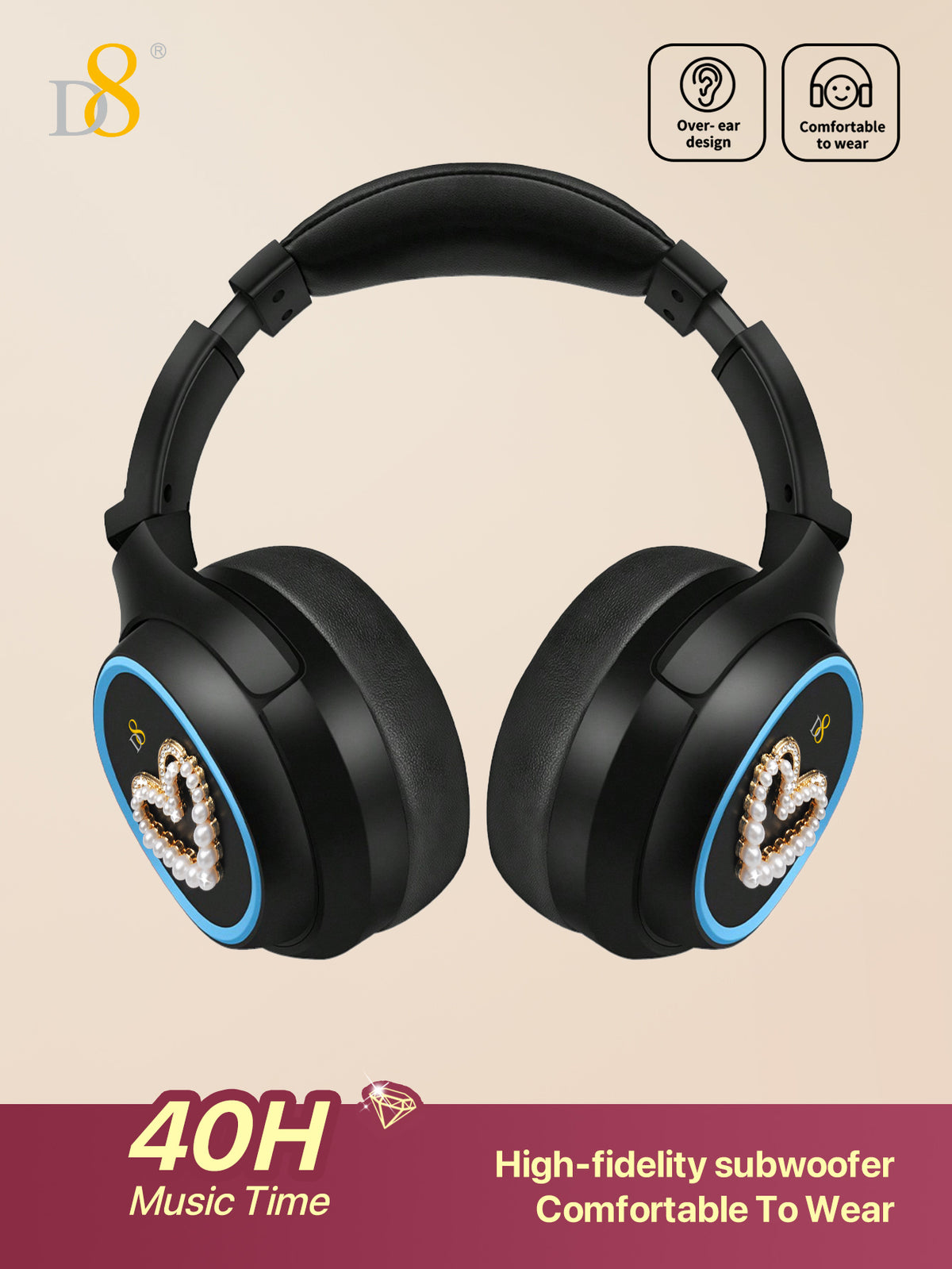 D8 Wireless Over-Ear Headphones – Deep Bass, Mic, 3.5mm & SD Slot