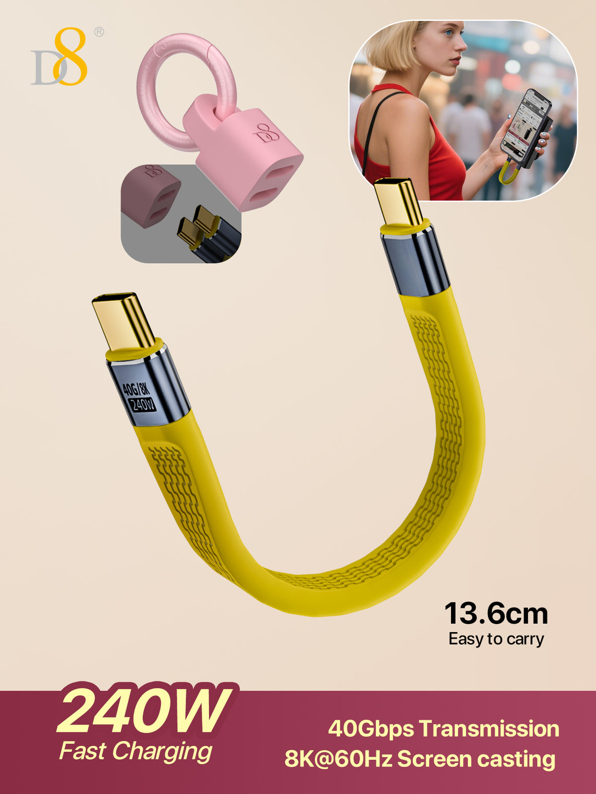 D8 USB4 Type-C Flat Cable – 240W Fast Charge, 40Gbps Data, 8K Video, 13cm