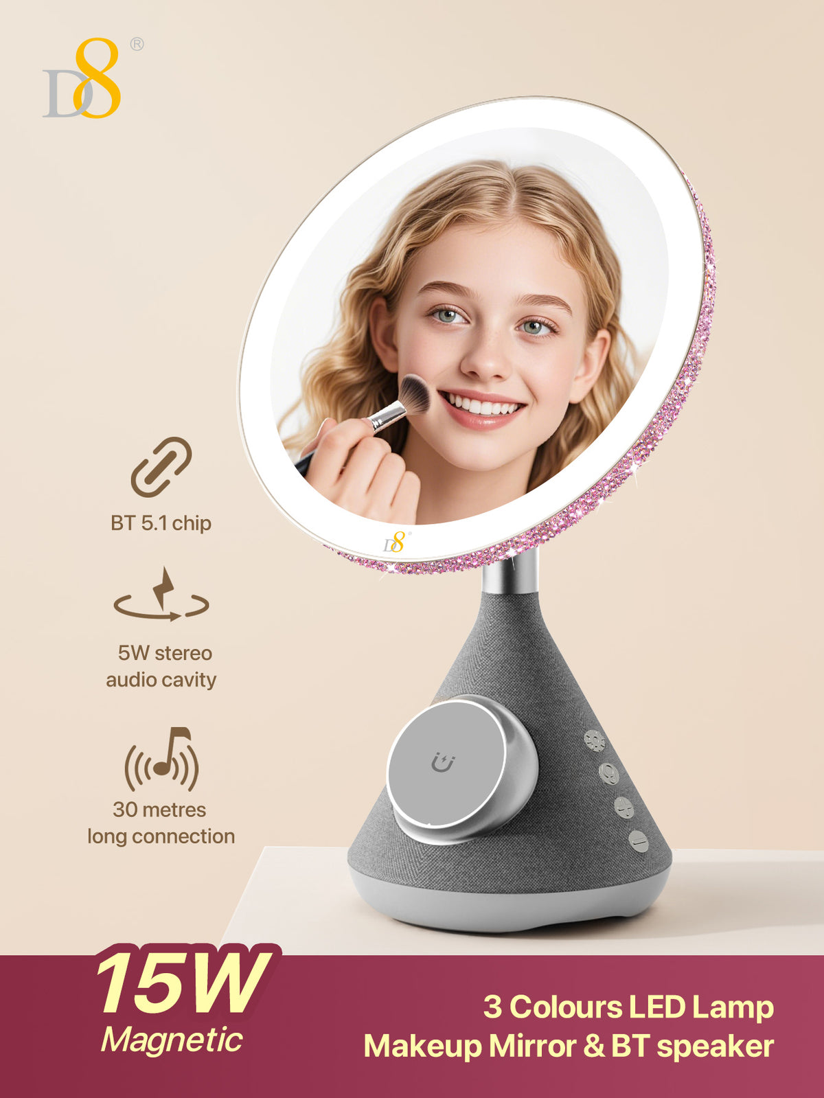 D8 Magnetic Vanity Mirror – 15W Wireless Charger, LED Light, Bluetooth Speaker for iPhone