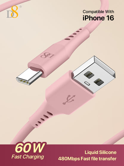 D8 USB-C Charging Cable – 3A Fast Charge, 3.3ft Soft Silicone, USB-A to Type-C