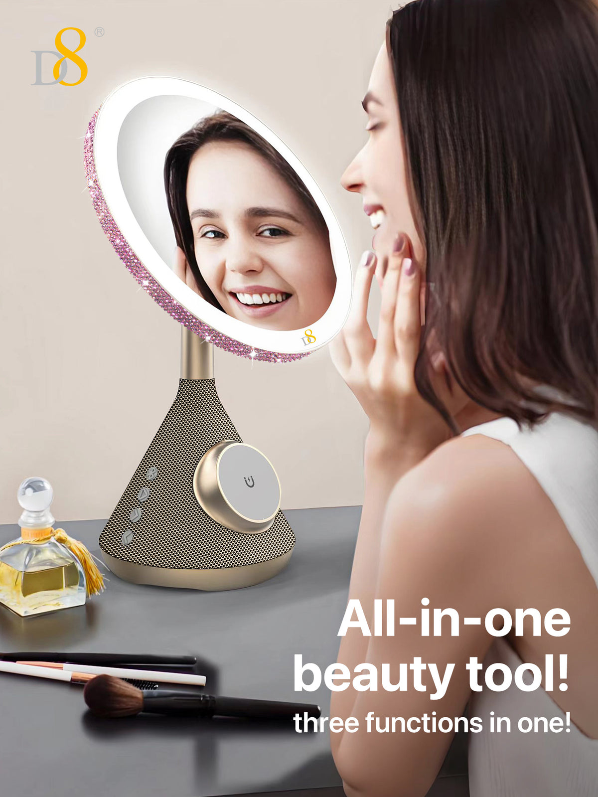 D8 Magnetic Vanity Mirror – 15W Wireless Charger, LED Light, Bluetooth Speaker for iPhone
