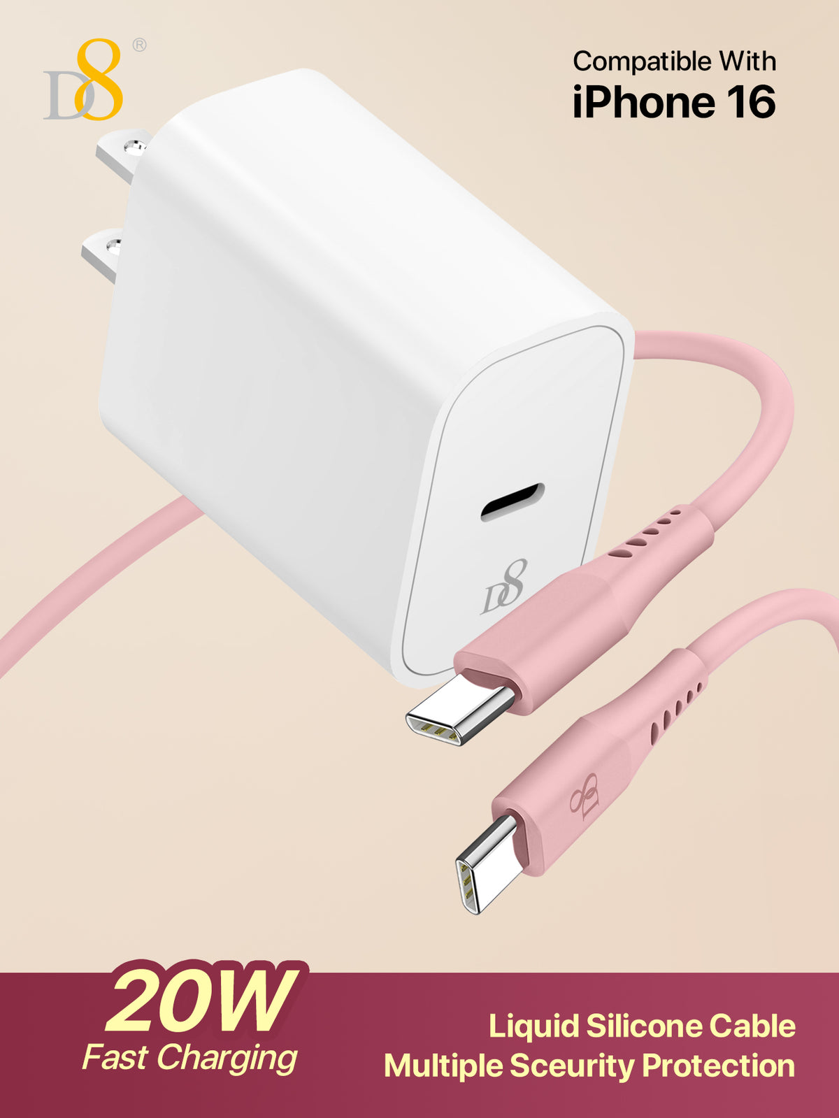 D8 20W USB-C Fast Charger – PD Wall Adapter with USB-C to USB-C Cable for iPhone, iPad, Galaxy