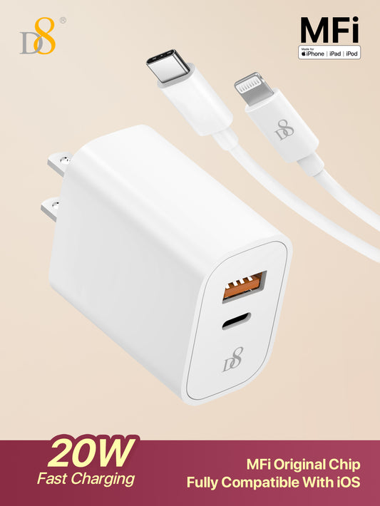 D8 TPE Type-C to Lghtning mfi Cable and 20W dual port fast charging wall charger set