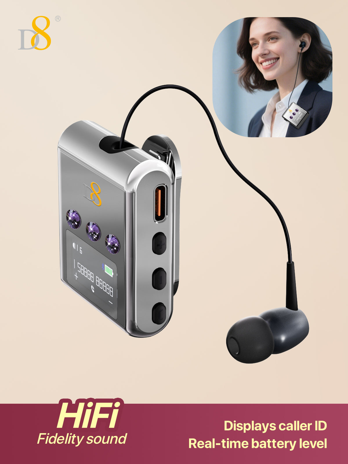 D8 Retractable Wireless Headset – 20H Talk Time, Noise-Canceling Mic, Clip-On for Driving & Workouts
