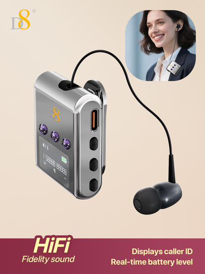 D8 Retractable Wireless Headset – 20H Talk Time, Noise-Canceling Mic, Clip-On for Driving & Workouts